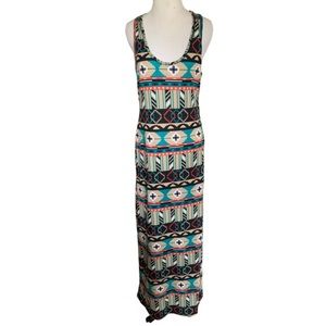 NWOT Love Ari Black Aztec Boho Whimsy Print Maxi Dress Size Large